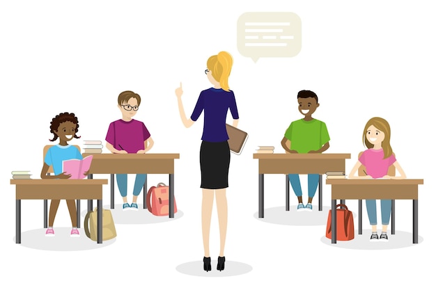 Vector students teens sitting in the workplace front view and female teacher vector illustration