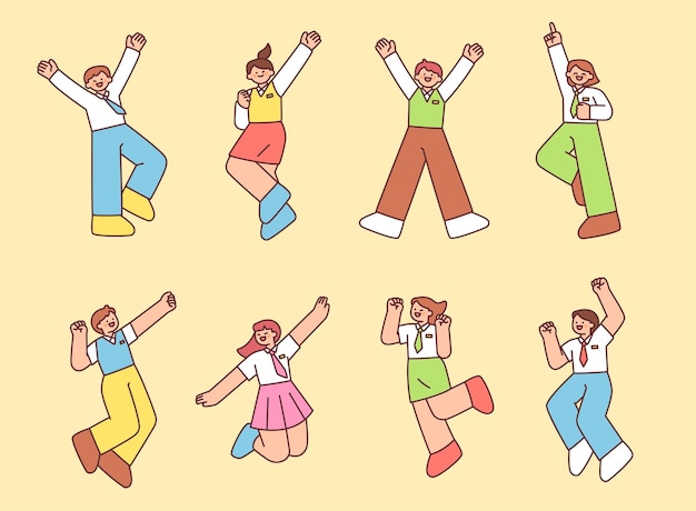 학교 유니폼을 입은 학생들이 흥분해서 점프하고 있습니다. 간단한 터 일러스트레이션을 설명해 주세요.