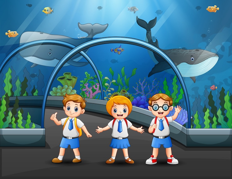 वेक्टर students in uniform visiting aquarium illustration