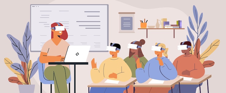 Vector students using virtual reality headsets classroom technology teacher laptop education modern