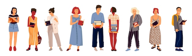 Studenti con i libri. personaggi dei cartoni animati adolescenti del college che tengono pila e libri di lettura. vector diversi studenti multiculturali nell'illustrazione piana di abbigliamento moderno