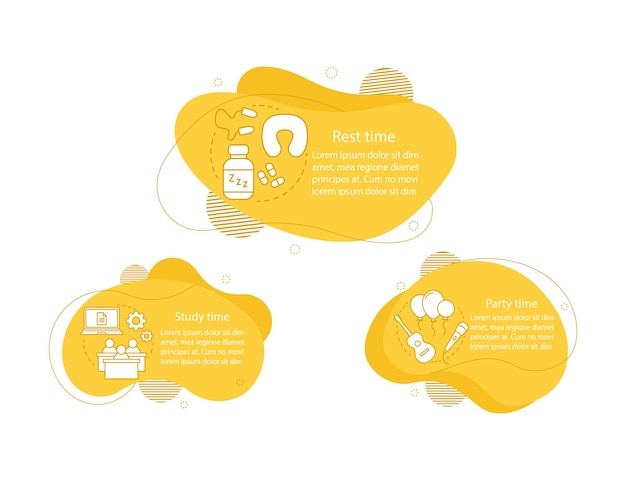 Studiefeest en rusttijd concept illustraties dagelijks studentenschema infographic dagelijks leven vloeiende elementen met tekst en lineaire pictogrammen drie golvende bubbels stappen presentatiebanner cliparts