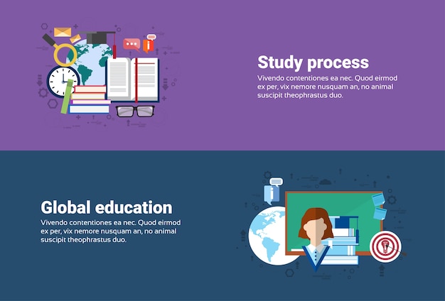 Studieproces, Global School University Onderwijs Web Banner platte vectorillustratie