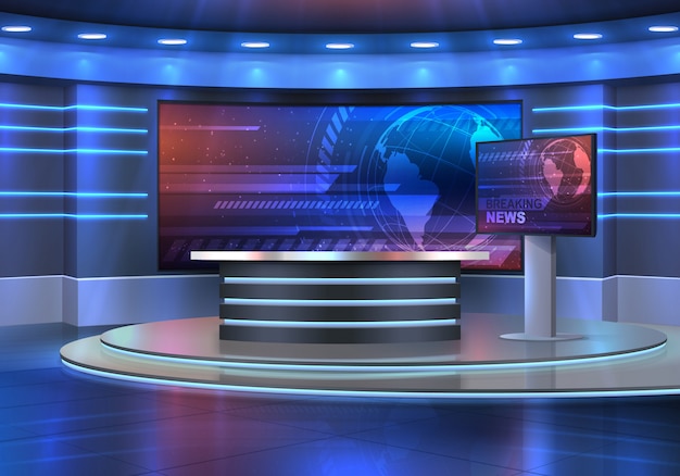 Studio interior for news broadcasting,  empty placement with anchorman table on pedestal, digital screens for video presentation and neon glowing illumination. Realistic  breaking news studio