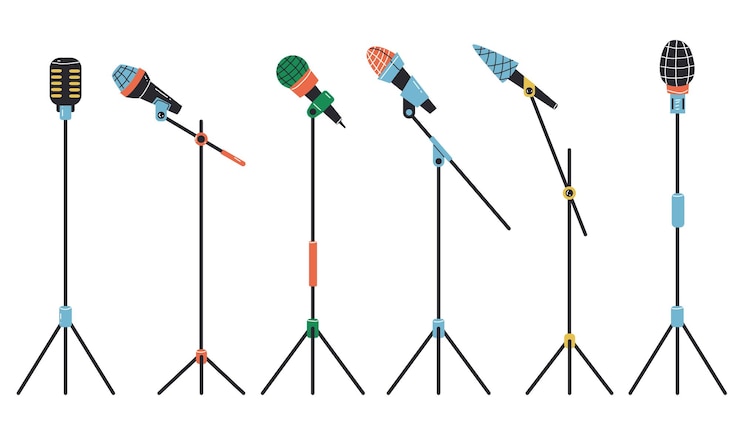 Vector studio microphone mic stand stick stage isolated set graphic design element illustration