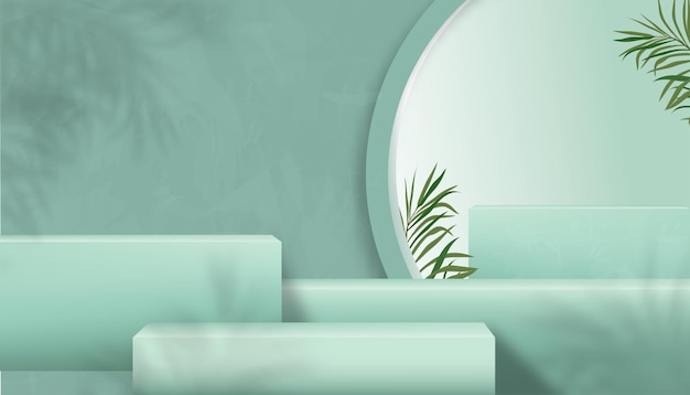 Vettore sfondo della stanza dello studio con display 3d podio ombra di foglia di palma sulla parete di giada verde illustrazione vettoriale sfondo banner stand mockup cubo stile minimal per la presentazione del prodotto beauty cosmeticspa