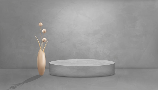 Vector studio room of gray wall with rose gold flower bud in vase on podium mockup background grey cement texture of floor vector 3d backdrop of dark gray concrete surface banner for loft design concept