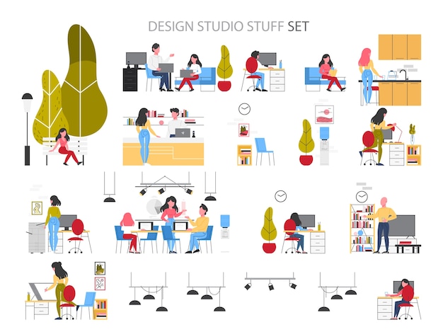 Personale dello studio. attrezzature da ufficio per interni, industriali, grafici. area aziendale ed elementi creativi. illustrazione