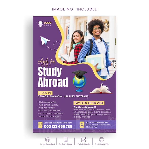 Vector study abroad and education flyer or poster template design