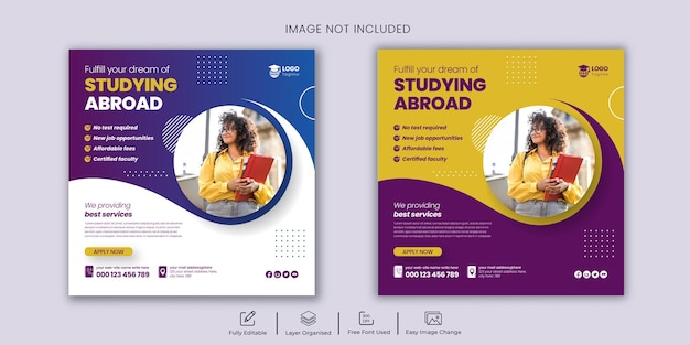 Study abroad flyer social media post or admission banner template design