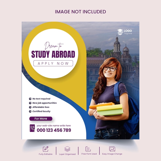 Vector study abroad flyer social media post or admission web banner template design