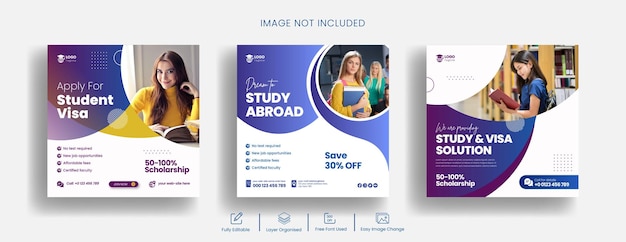 Study abroad Instagram post and study visa social media banner or square flyer template pack