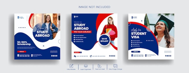 Study abroad social media banner and study visa Instagram post or square flyer template design