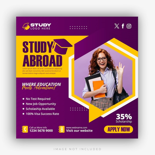 Study abroad social media instagram post design higher education web banner square flyer template