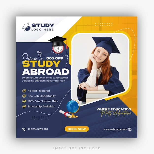 Study abroad social media instagram post design higher education web banner square flyer template