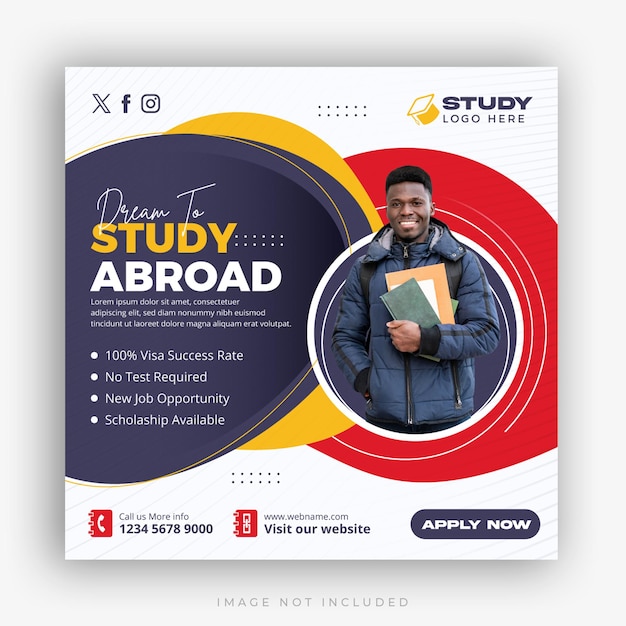 Study abroad social media instagram post design higher education web banner square flyer template