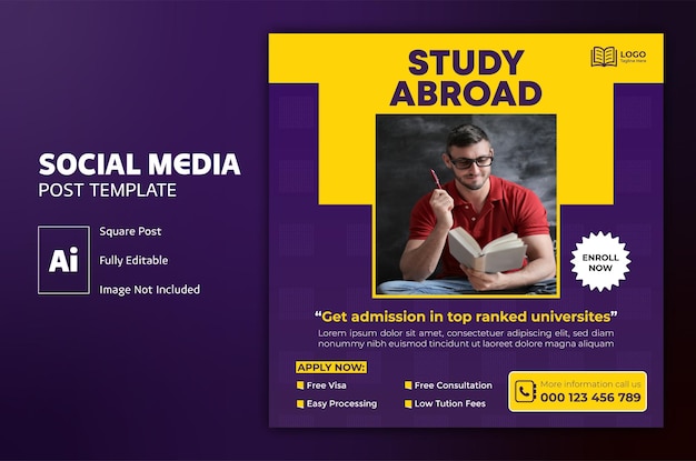 Vector study abroad social media post or education square flyer template