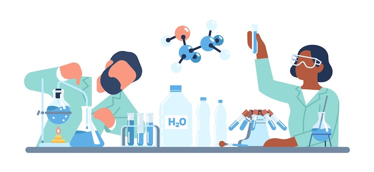 Vector 식수병에 있는 화학 물질에 대한 연구 실험실 실험 과학자들은 h2o를 연구합니다 남자와 여자 화학 물질은 아쿠아 테스트 튜브와 유리 비커 벡터 개념을 검사합니다
