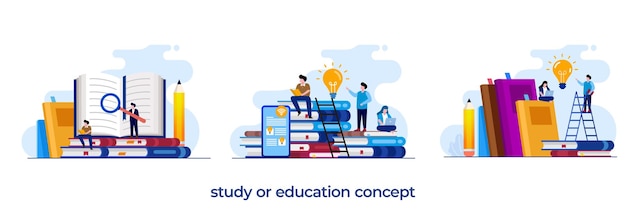 学校に戻って教育の概念を勉強する本を読む図書館フラットイラストベクトルを勉強する知識を学ぶ