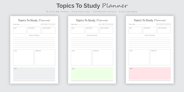 Study planner and topics to study journal logbook notebook interior design template