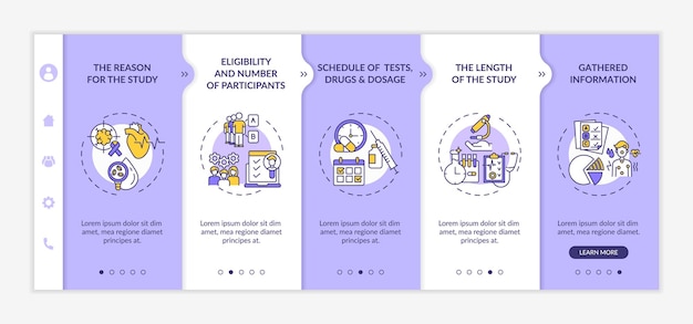 Study protocol elements onboarding vector template. responsive mobile website with icons. web page walkthrough 5 step screens. gathered info, tests schedule color concept with linear illustrations