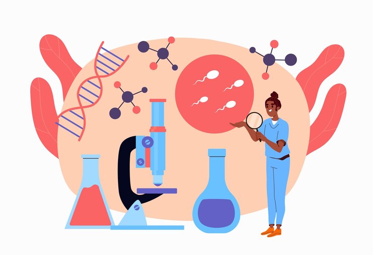 Vector study of sexual development concept woman with magnifying glass and microscope near male