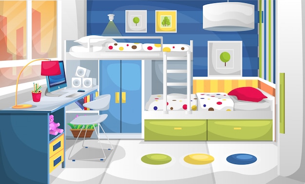 Vector study and sleep room for kids with desk table computer, wall painting, wardrobe desk and bunk bed