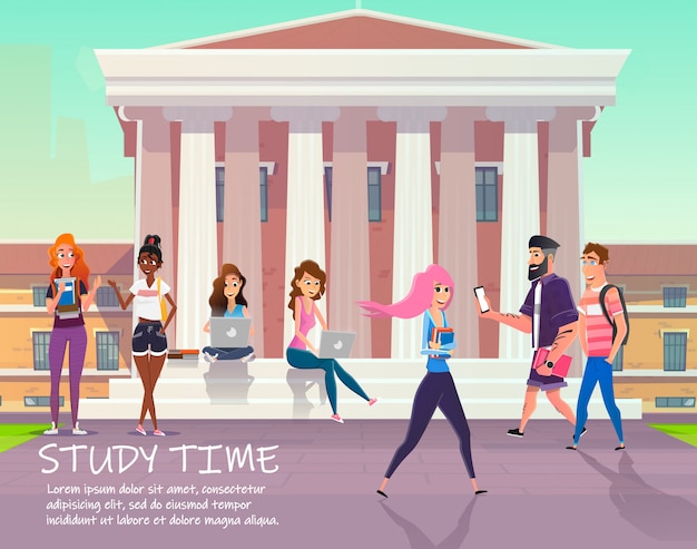 Vector study time motivate poster. happy cartoon students walking