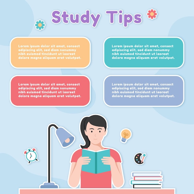 Vector study tips infographic with woman reading book