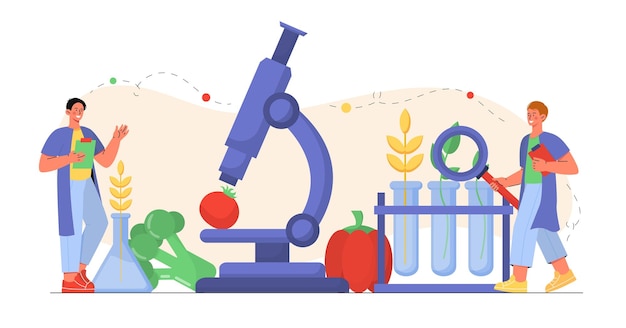 Study of vegetables men with microscope and magnifying glass examine vegetables analysis of tomato