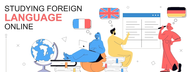 Vector studying foreign language online concept in flat cartoon design for web banner people learning english french german at online course talk with natives work with vocabulary vector illustration