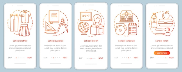 Studying onboarding mobile app page screen vector template School learning education process walkthrough website steps with linear illustrations UX UI GUI smartphone interface concept