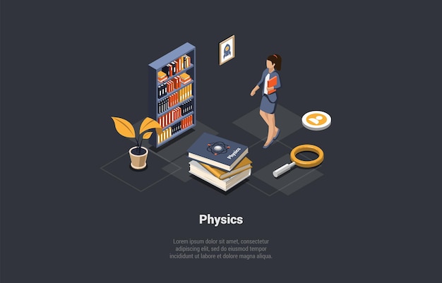 Studying Physics Subject Education And Science Concept Woman With Book Near Magnifying Glass And Book Stack Girl Scientist Study Physics And Explore Electricity Isometric 3d Vector Illustration