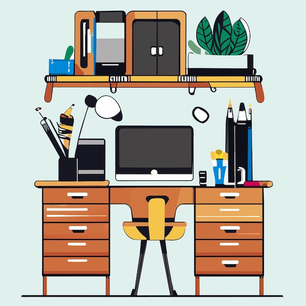 Vector studying with a computer on the desk hand drawn cartoon sticker icon concept isolated illustration