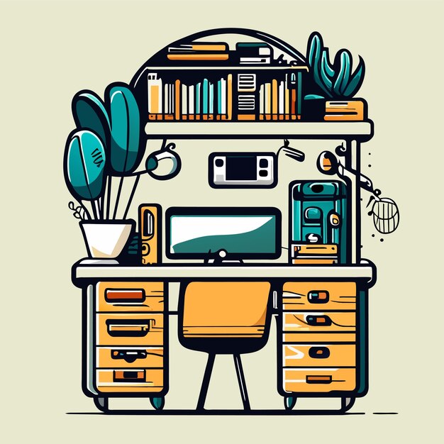 Studying with a computer on the desk hand drawn cartoon sticker icon concept isolated illustration