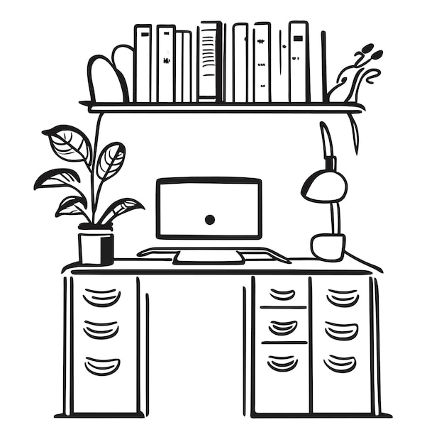 Vector studying with a computer on the desk hand drawn cartoon sticker icon concept isolated illustration