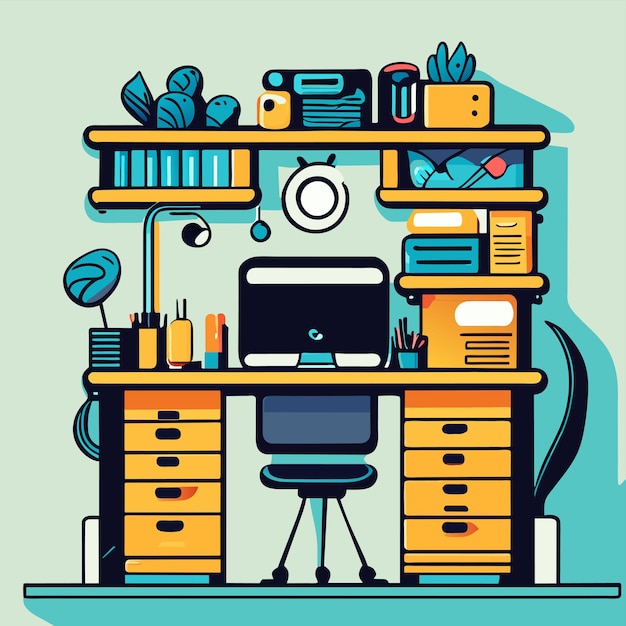 Vector studying with a computer on the desk hand drawn cartoon sticker icon concept isolated illustration