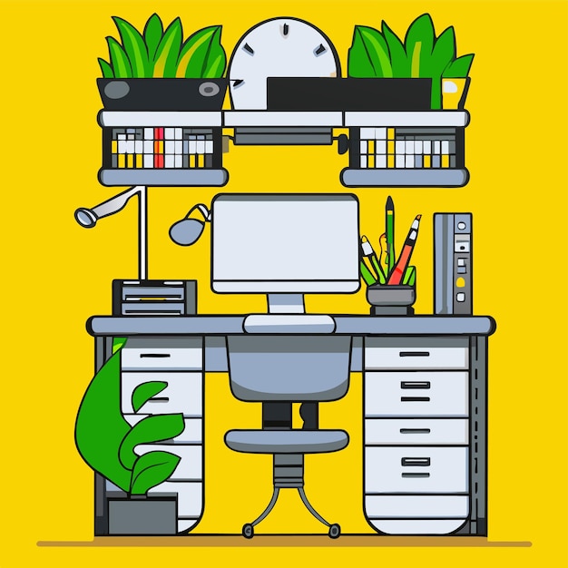 Studying with a computer on the desk hand drawn cartoon sticker icon concept isolated illustration