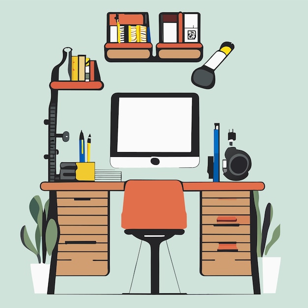 Vector studying with a computer on the desk hand drawn cartoon sticker icon concept isolated illustration