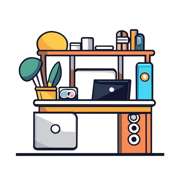 Studying with a computer on the desk hand drawn cartoon sticker icon concept isolated illustration