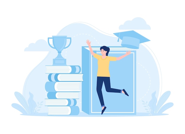studying woman for graduate and succes trending concept flat illustration
