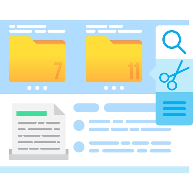 Stuff icon. Electronic document, folder with database information organize and manage app vector. Search, cut and setting option