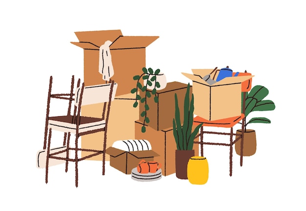 Vector stuff packed in boxes for moving. cardboard packages pile, stack with belongings, home properties, kitchenware, furniture and potted house plants. flat vector illustration isolated on white background