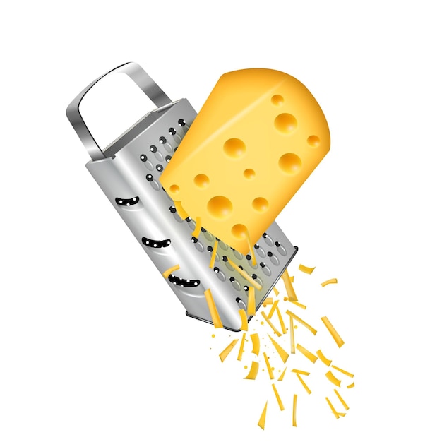 Stuk gele kaas geraspt op een handmatige rasp Vector illustratie geïsoleerd op witte achtergrond