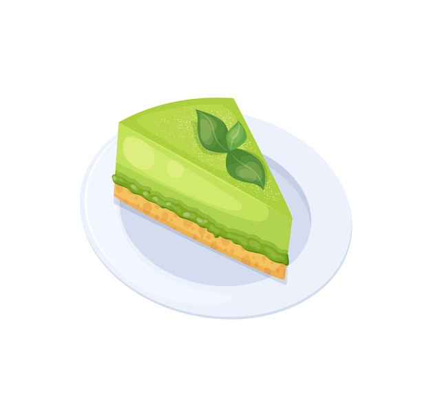 Stuk groene cheesecake met matcha bladeren op bord