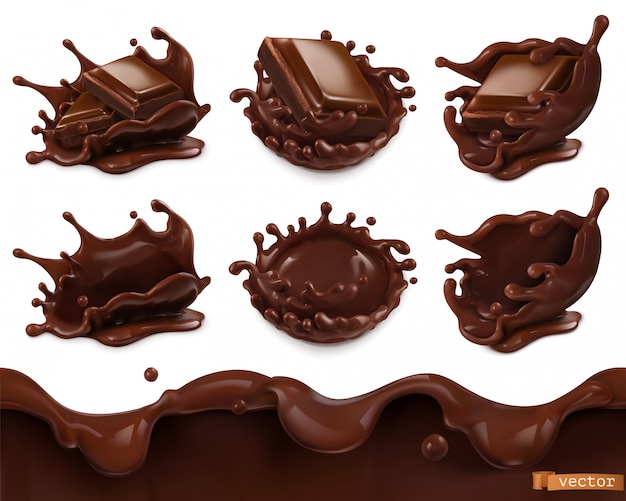 Stukje chocolade en chocolade splash. Naadloos patroon. 3D-realistische voedselobjecten instellen