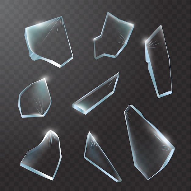 Vector stukjes gebroken glas. verbrijzeld glas op transparante achtergrond. realistische afbeelding