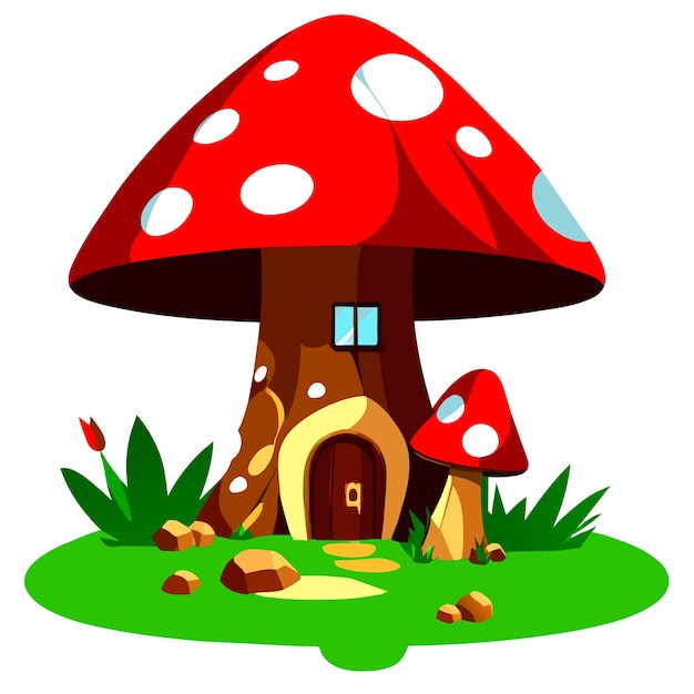 Stump house with mushroom in cartoon style on white background illustration