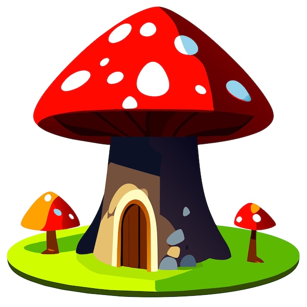 Stump house with mushroom in cartoon style on white background illustration