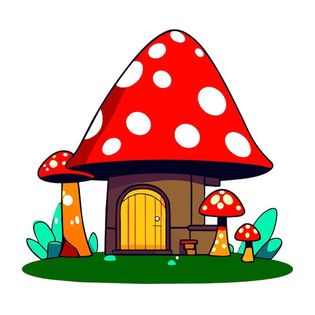 Stump house with mushroom in cartoon style on white background illustration